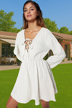 Plaj Elbisesi Keten Karışımlı Uzun Kollu V Yaka Mini Yazlık Profesyonel Görünüm Konforlu Kesim