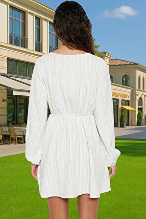 Plaj Elbisesi Keten Karışımlı Uzun Kollu V Yaka Mini Yazlık Profesyonel Görünüm Konforlu Kesim