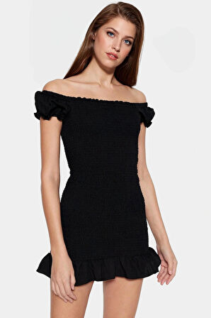 Şık Mini Elbise 85% Viskoz 15% Poliamid Kumaş Balon Kol Bodycon Kalıp Trend Tasarım