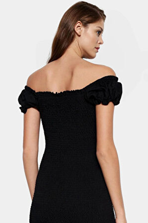 Şık Mini Elbise 85% Viskoz 15% Poliamid Kumaş Balon Kol Bodycon Kalıp Trend Tasarım