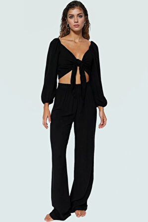 Şık Viskoz Dokuma Uzun Kollu Bağlamalı Bluz Pantolon Takım Yüksek Kalite Görünüm