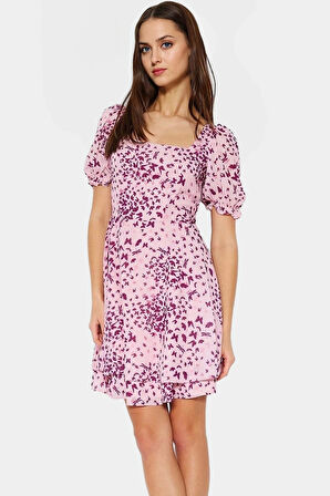 Şifon Mini Elbise Balon Kol Kare Yaka Yazlık Dokuma Uzun Ömürlü Zarifane Tasarım Şık Görünüm