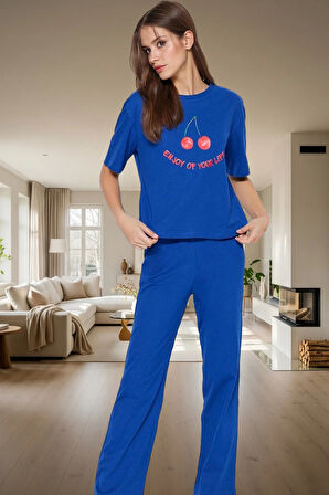 Kadın Pamuklu Rahat Baskılı Pijama Takımı Kısa Kollu Tişört Pantolon Kullanım Ve Şık