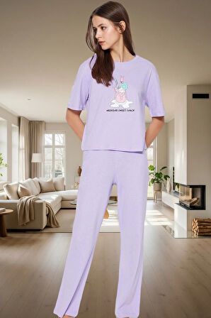 Kadın Pamuklu Rahat Baskılı Pijama Takımı Kısa Kollu Tişört Pantolon Kullanım Ve Şık