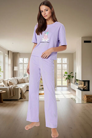 Kadın Pamuklu Rahat Baskılı Pijama Takımı Kısa Kollu Tişört Pantolon Kullanım Ve Şık