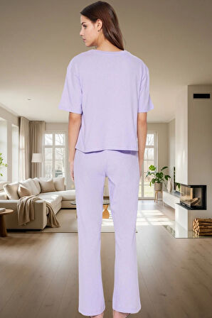 Kadın Pamuklu Rahat Baskılı Pijama Takımı Kısa Kollu Tişört Pantolon Kullanım Ve Şık