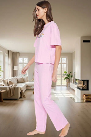 Kadın Pamuklu Rahat Baskılı Pijama Takımı Kısa Kollu Tişört Pantolon Kullanım Ve Şık