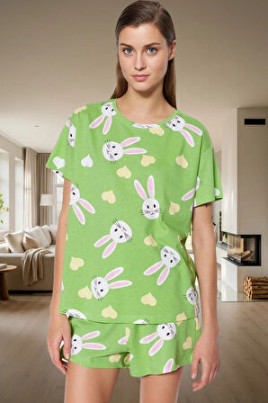 Kadın Ayıcıklı Pamuklu Kısa Kollu Pijama Takımı Dayanıklı Malzeme Trend Tasarım