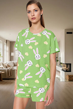 Kadın Ayıcıklı Pamuklu Kısa Kollu Pijama Takımı Dayanıklı Malzeme Trend Tasarım