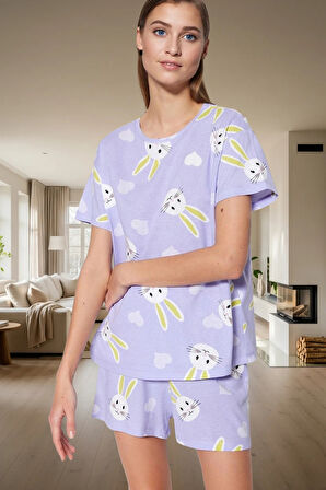 Kadın Ayıcıklı Pamuklu Kısa Kollu Pijama Takımı Dayanıklı Malzeme Trend Tasarım
