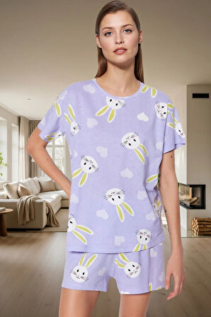 Kadın Ayıcıklı Pamuklu Kısa Kollu Pijama Takımı Dayanıklı Malzeme Trend Tasarım
