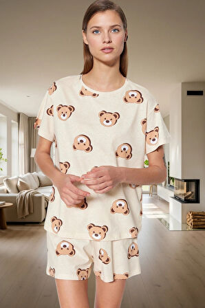 Kadın Ayıcıklı Pamuklu Kısa Kollu Pijama Takımı Dayanıklı Malzeme Trend Tasarım