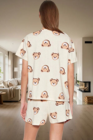 Kadın Ayıcıklı Pamuklu Kısa Kollu Pijama Takımı Dayanıklı Malzeme Trend Tasarım