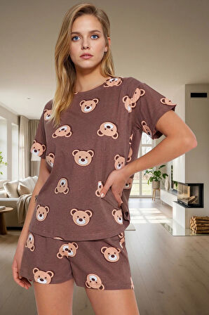 Kadın Ayıcıklı Pamuklu Kısa Kollu Pijama Takımı Dayanıklı Malzeme Trend Tasarım