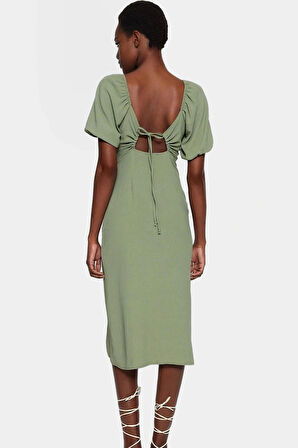 Şık Midi Boy Elbise A Line Kalıp Kısa Kollu Kalp Yaka Dokuma Kumaş Kaliteli İşçilik