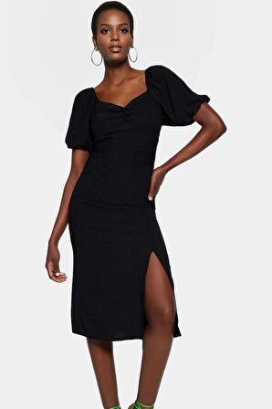 Şık Midi Boy Elbise A Line Kalıp Kısa Kollu Kalp Yaka Dokuma Kumaş Kaliteli İşçilik