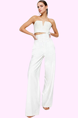 Kadın Yüksek Bel Geniş Paça Dokuma Pantolon Finike Şık Tasarım Günlük Kullanım Özel Günler