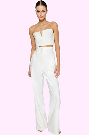 Kadın Yüksek Bel Geniş Paça Dokuma Pantolon Finike Şık Tasarım Günlük Kullanım Özel Günler