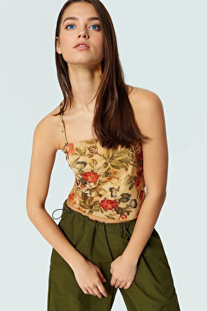 Kadın Çiçekli Desenli Fitted Crop Bluz Astarlı Tül Örme Dayanıklı Malzeme Günlük Kullanım İçin