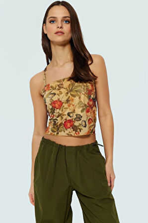 Kadın Çiçekli Desenli Fitted Crop Bluz Astarlı Tül Örme Dayanıklı Malzeme Günlük Kullanım İçin