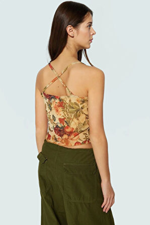 Kadın Çiçekli Desenli Fitted Crop Bluz Astarlı Tül Örme Dayanıklı Malzeme Günlük Kullanım İçin
