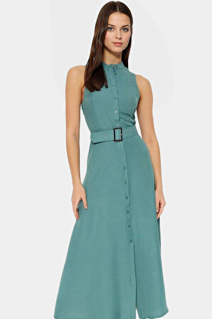 Maxi Kemerli Gömlek Elbise Dokuma Polyester Yazlık Şık Tasarım Seçkin Malzeme Trend