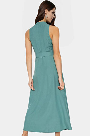 Maxi Kemerli Gömlek Elbise Dokuma Polyester Yazlık Şık Tasarım Seçkin Malzeme Trend