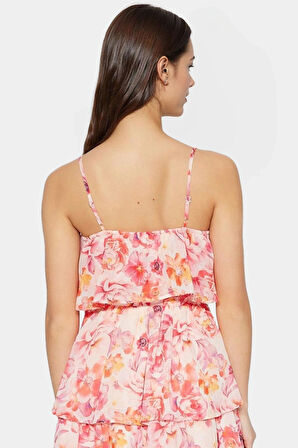 Çiçekli Desenli Şifon Mini Elbise V Yaka Kısa Boy Fırfırlı Özel Tasarım Modern Stil