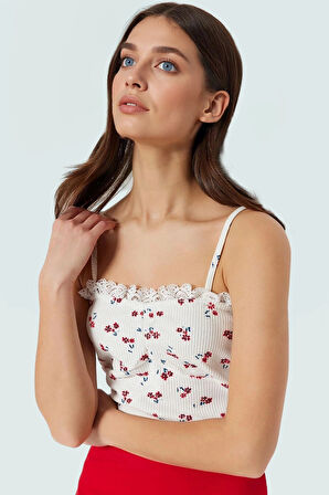 Kadın Çiçekli Waffle Kumaş Fitted Crop Bluz Yüksek Kalite Mükemmel Uyum Rahat Ve Şık