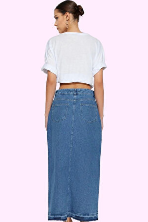 Kadın Maxi Denim Etek A line Kalıp Yırtmaçlı Pamuklu Günlük Kullanım Yaz Aylarının Vazgeçilmezi