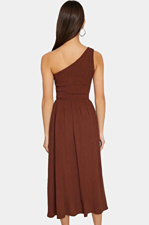 Tek Omuz Midi Elbise Dokuma Kumaştan Şık Yazlık Uzun Ömürlü Seçkin Malzeme Dayanıklı