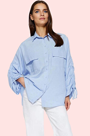 Kadın Büzgülü Detaylı Dokuma Pamuklu Gömlek Rahat Kalıp Günlük Kullanım Yaz Aylarının Vazgeçilmezi