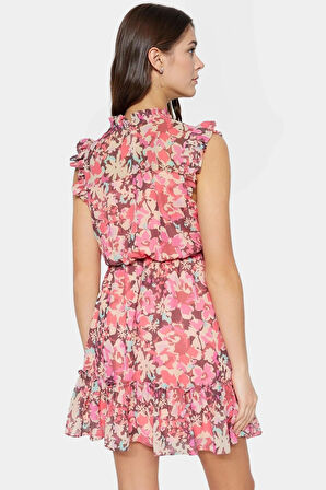 Çiçekli Mini Elbise Dokuma Polyester Yazlık Gündüz Elbisesi Rahat Kullanım