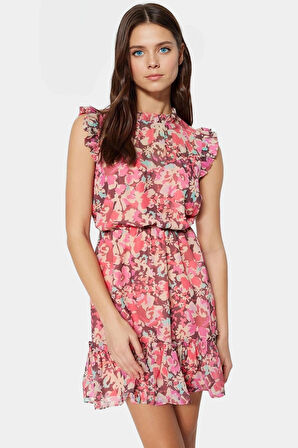 Çiçekli Mini Elbise Dokuma Polyester Yazlık Gündüz Elbisesi Rahat Kullanım