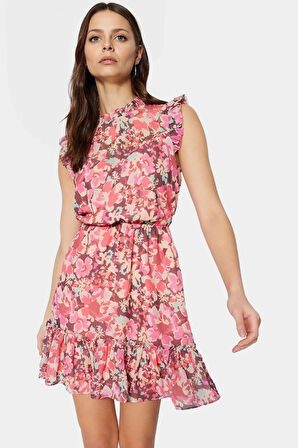 Çiçekli Mini Elbise Dokuma Polyester Yazlık Gündüz Elbisesi Rahat Kullanım