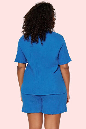 Kadın Kısa Kollu Müslin Gömlek Dokuma Kumaş Rahat Günlük Yaz Hafta Sonu Stilin Buluştuğu Yer