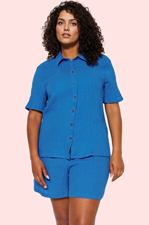 Kadın Kısa Kollu Müslin Gömlek Dokuma Kumaş Rahat Günlük Yaz Hafta Sonu Stilin Buluştuğu Yer