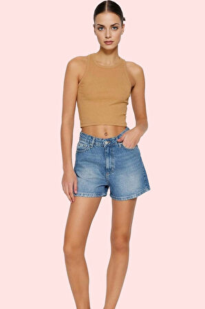 Kadın Yüksek Bel City Short Denim Şort Düz Desen Regular Boy Pamuklu Günlük Kullanım Hafta Sonu