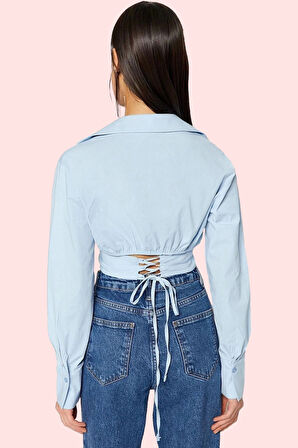 Kadın Crop Gömlek Yaka Poplin Pamuklu Şık Gece Kombinleri Günlük Kullanım Kaliteli Malzeme