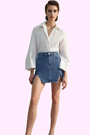 Kadın Denim Mini Etek A line Kalıp Yırtmaçlı Pamuklu Günlük Stil Yaz Aylarının Vazgeçilmezi