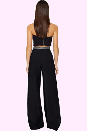 Kadın Yüksek Bel Geniş Paça Dokuma Pantolon Şık Gece Dayanıklı Malzeme