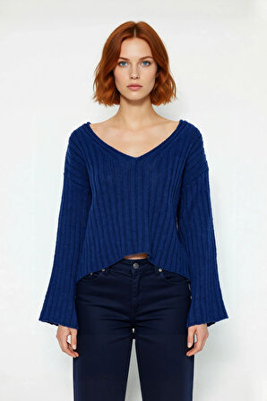 Kadın Geniş Kalıp V Yaka Yünlü Triko Kazak Basic Fitilli Uzun Kollu Günlük Şıklık İçin İdeal Seçim