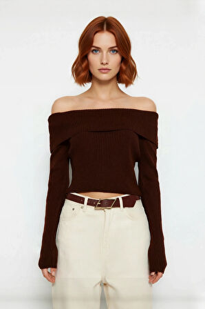 Kadın Ekru Carmen Yaka Fitted Crop Triko Kazak İlkbahar Sonbahar İçin Şık Ve Basic Tasarım