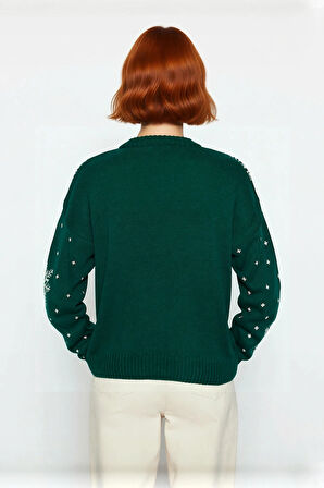 Kadın Oversize Bisiklet Yaka Yılbaşı Temalı Kar Tanesi Geyik Desenli Akrilik Triko Kazak Kaliteli