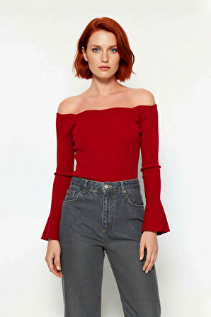 Kadın Carmen Yaka Fitted Akrilik Triko Bluz Uzun Reglan Kollu Fitilli Dokuma İlkbahar Sonbahar