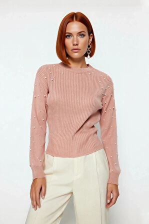 Kadın İnci Detaylı Regular Kalıp Bisiklet Yaka Düşük Kol Fitilli Triko Kazak Modeli Kaliteli