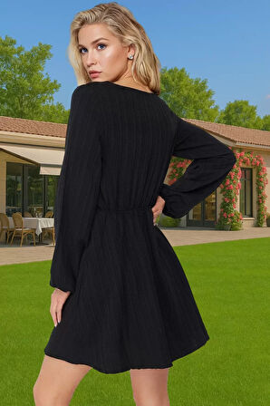 Plaj Elbisesi Keten Karışımlı Uzun Kollu V Yaka Mini Yazlık Profesyonel Görünüm Konforlu Kesim