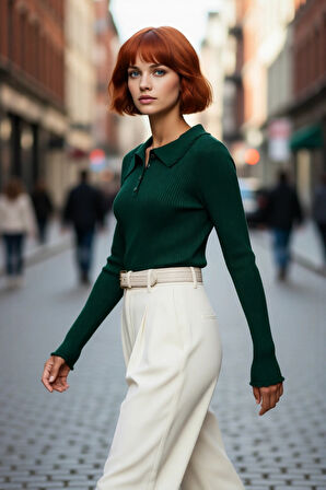 Kadın Fitted Polo Yaka Triko Kazak Akrilik Materyal Uzun Kollu Basic Şık Günlük Kombinler İçin