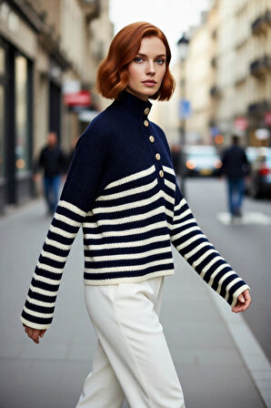 Kadın Oversize Dik Yaka Çizgili Triko Kazak Düşük Kollu Crop Kesim Günlük Şık Kış Stili Kaliteli