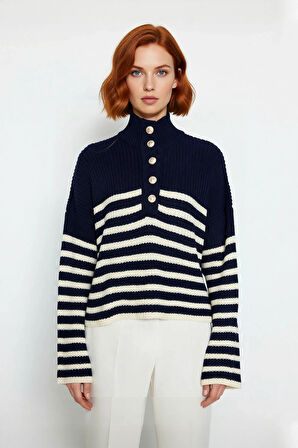 Kadın Oversize Dik Yaka Çizgili Triko Kazak Düşük Kollu Crop Kesim Günlük Şık Kış Stili Kaliteli